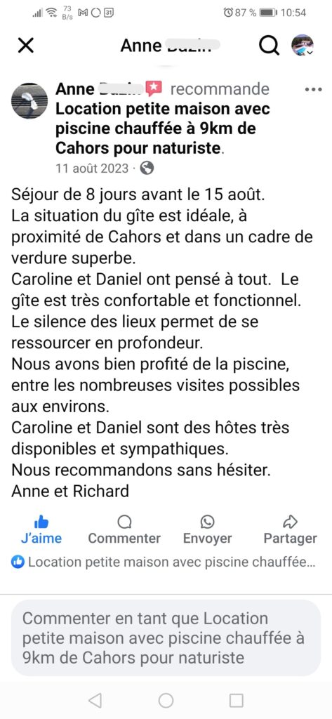 Avis Facebook authentique d’un visiteur en Août 2023