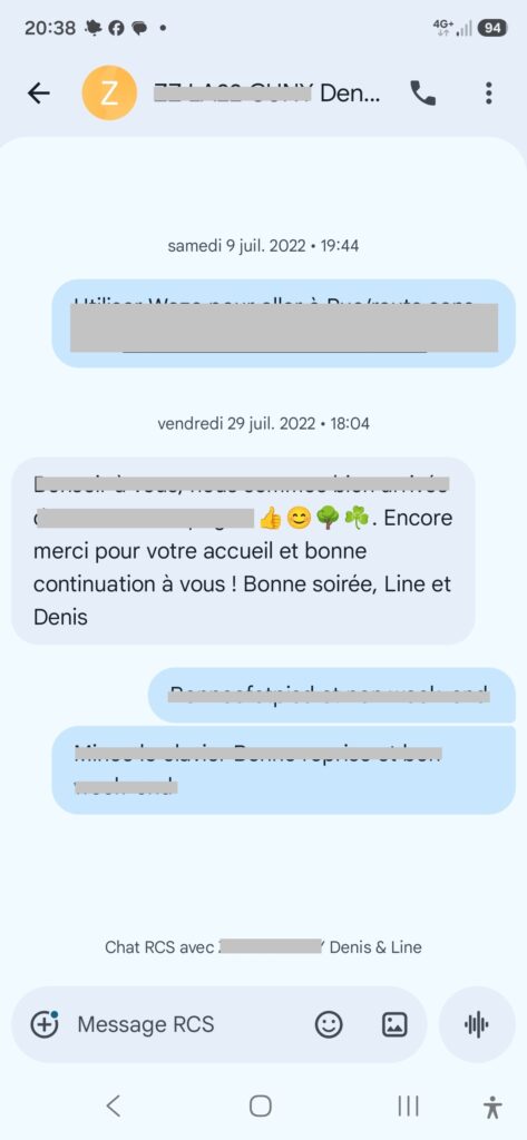 Message de remerciement reçu par SMS en juillet 2022